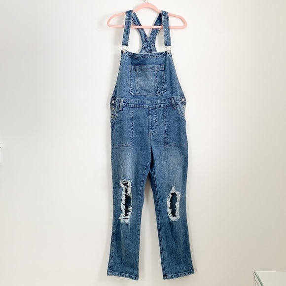Celebrity Pink Blue Stretch Denim Overalls Distressed Large - Picture 7 of 10